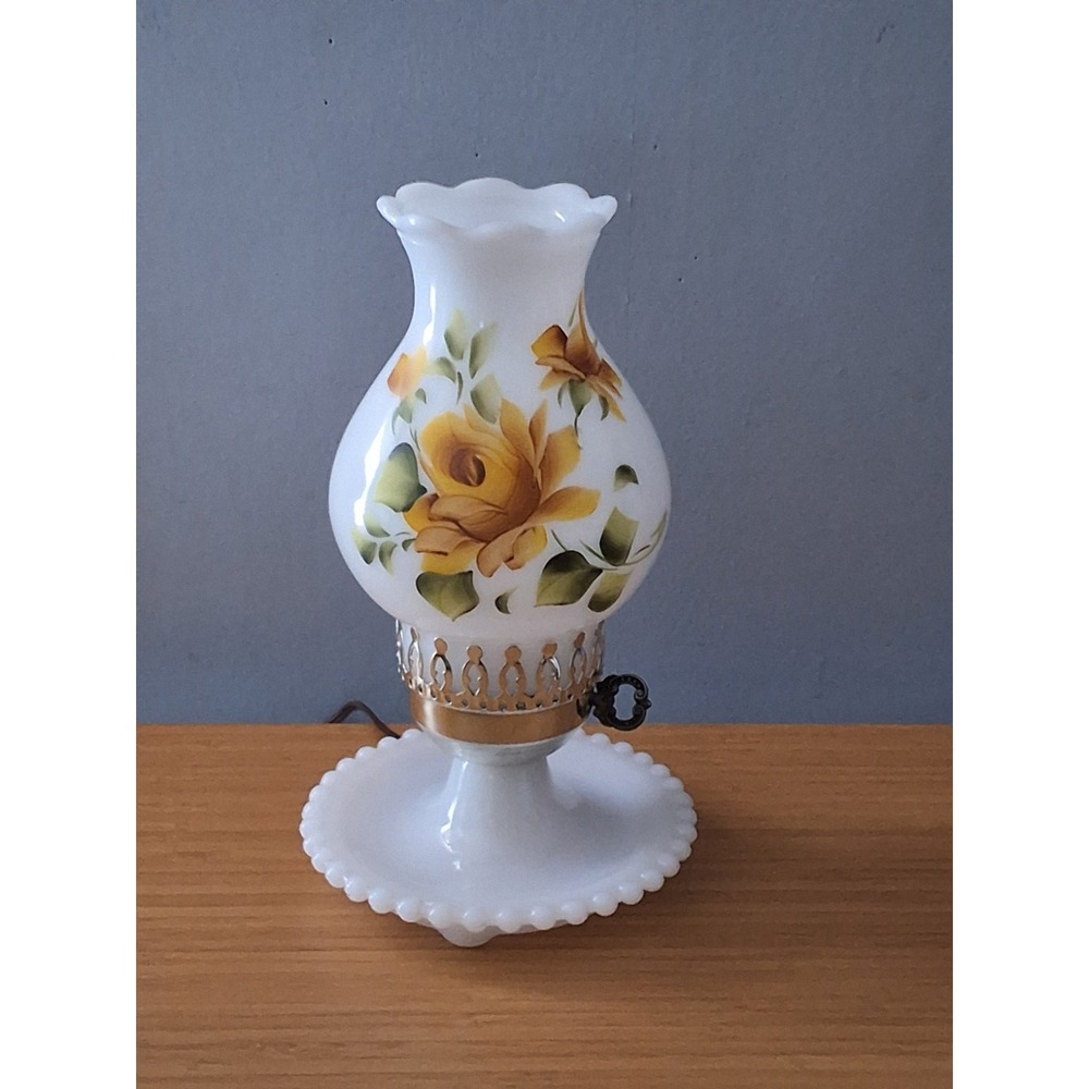 Vtg Hand Painted Milk Glass Electric Hurricane Hobnail Table Bedside Lamp Floral